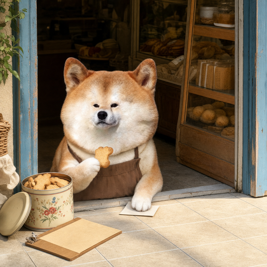 Chonky Inu in a brown apron at a bakery doorway, holding a bone-shaped biscuit beside an open biscuit tin and a clipboard